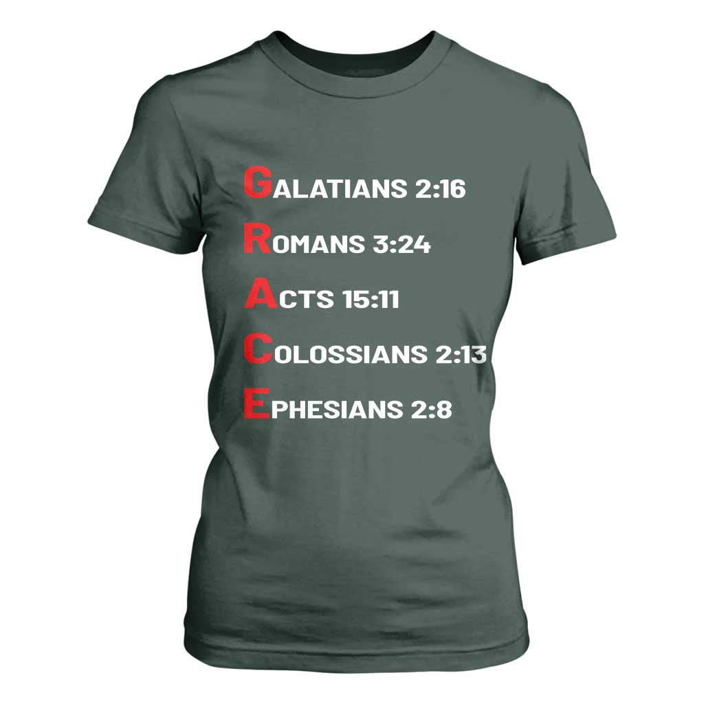 GRACE Christian Scripture Acronym T Shirt For Women Bible Verses Galatians Romans Acts Colossians Ephesians Faith Message Gift TS02 Dark Forest Green Print Your Wear