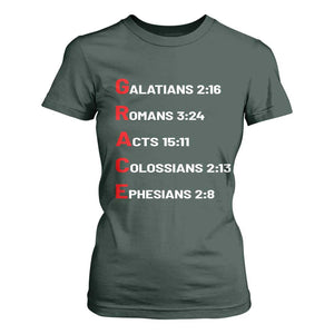 GRACE Christian Scripture Acronym T Shirt For Women Bible Verses Galatians Romans Acts Colossians Ephesians Faith Message Gift TS02 Dark Forest Green Print Your Wear