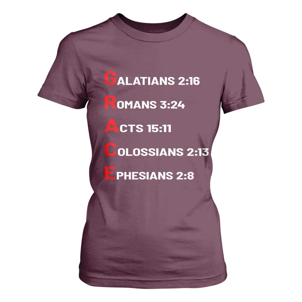 GRACE Christian Scripture Acronym T Shirt For Women Bible Verses Galatians Romans Acts Colossians Ephesians Faith Message Gift TS02 Maroon Print Your Wear