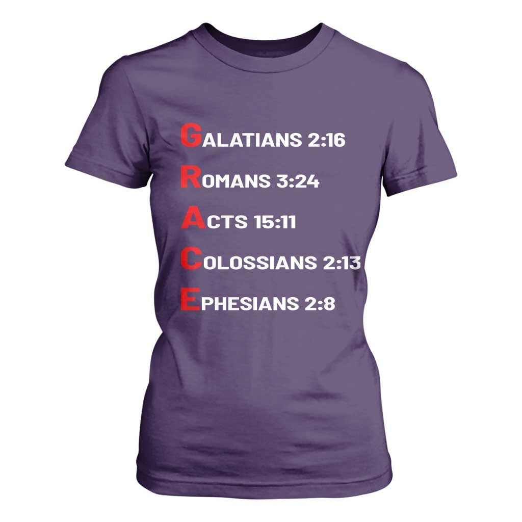 GRACE Christian Scripture Acronym T Shirt For Women Bible Verses Galatians Romans Acts Colossians Ephesians Faith Message Gift TS02 Purple Print Your Wear