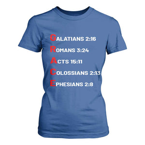 GRACE Christian Scripture Acronym T Shirt For Women Bible Verses Galatians Romans Acts Colossians Ephesians Faith Message Gift TS02 Royal Blue Print Your Wear