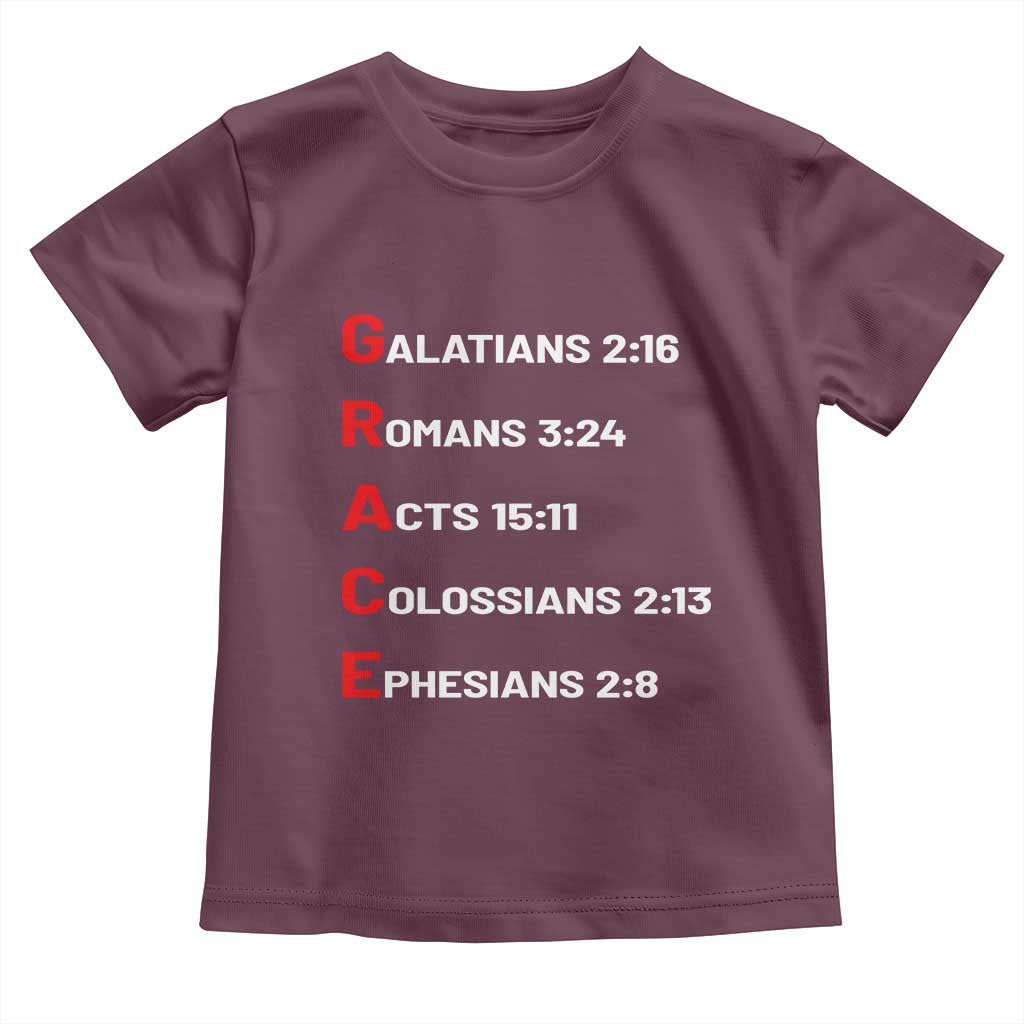 GRACE Christian Scripture Acronym Toddler T Shirt Bible Verses Galatians Romans Acts Colossians Ephesians Faith Message Gift TS02 Maroon Print Your Wear