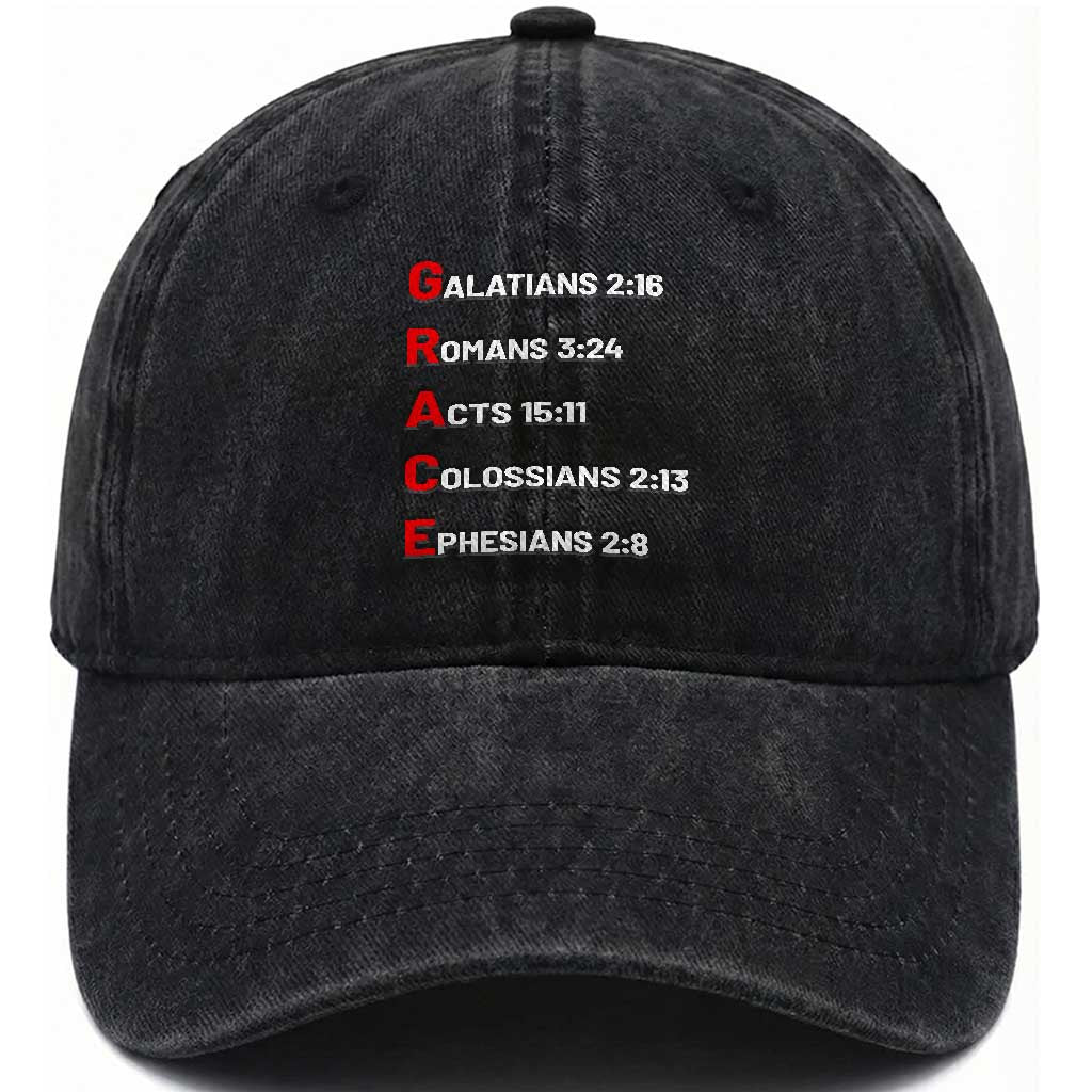 GRACE Christian Scripture Acronym Washed Cotton Baseball Cap Bible Verses Galatians Romans Acts Colossians Ephesians Faith Message Gift TS02 Print Your Wear