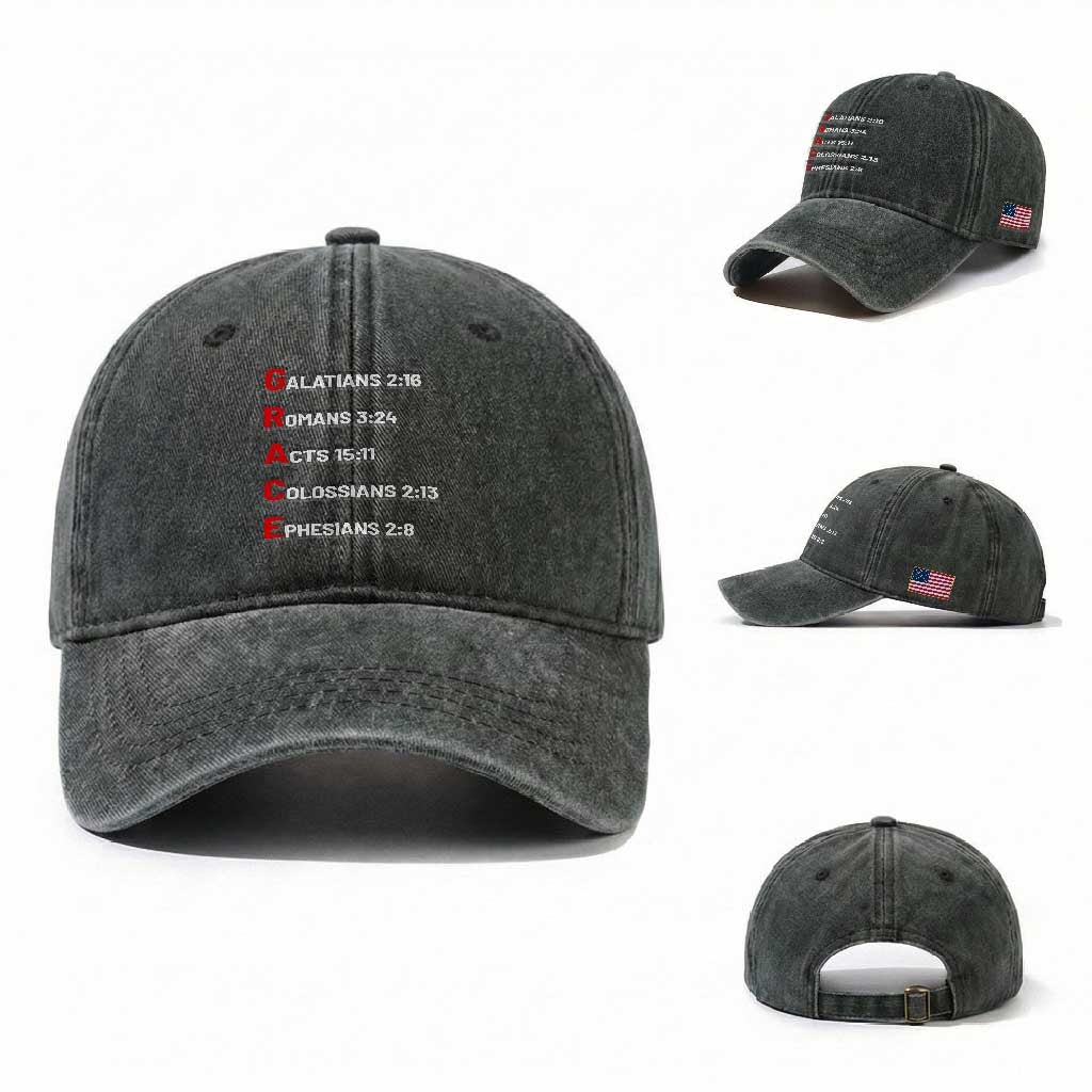 GRACE Christian Scripture Acronym Washed Cotton Baseball Cap Bible Verses Galatians Romans Acts Colossians Ephesians Faith Message Gift TS02 Washed Cap Universal Fit Dark Green Print Your Wear