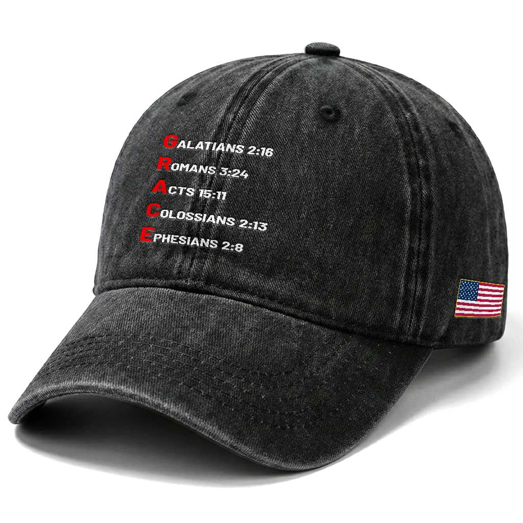 GRACE Christian Scripture Acronym Washed Cotton Baseball Cap Bible Verses Galatians Romans Acts Colossians Ephesians Faith Message Gift TS02 Print Your Wear