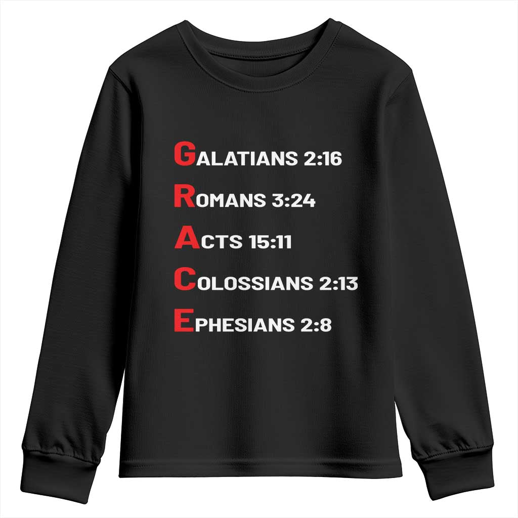 GRACE Christian Scripture Acronym Youth Sweatshirt Bible Verses Galatians Romans Acts Colossians Ephesians Faith Message Gift TS02 Black Print Your Wear