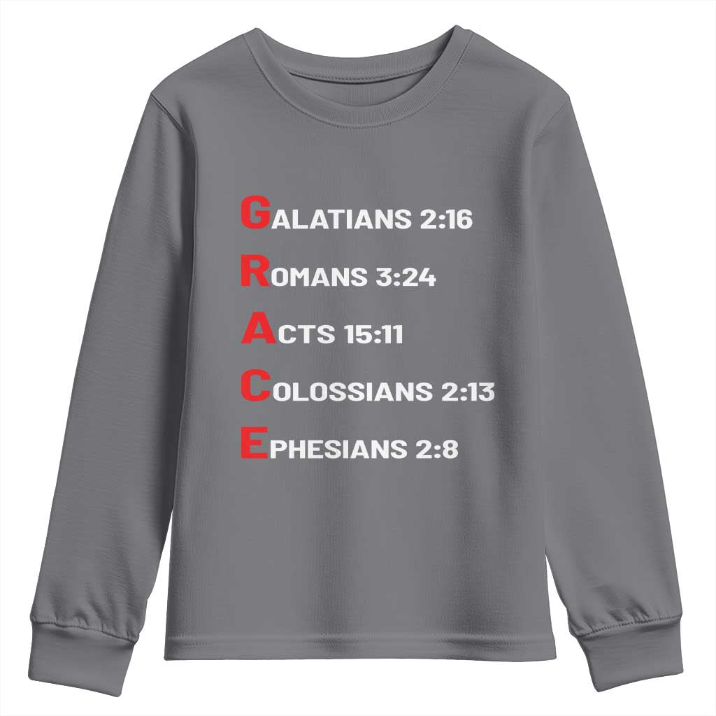 GRACE Christian Scripture Acronym Youth Sweatshirt Bible Verses Galatians Romans Acts Colossians Ephesians Faith Message Gift TS02 Charcoal Print Your Wear