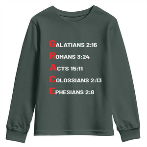 GRACE Christian Scripture Acronym Youth Sweatshirt Bible Verses Galatians Romans Acts Colossians Ephesians Faith Message Gift TS02 Dark Forest Green Print Your Wear