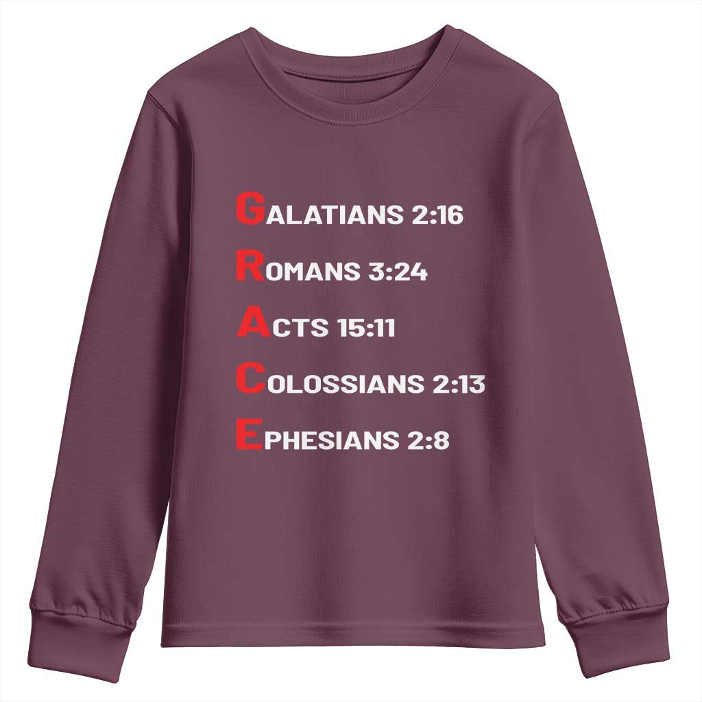 GRACE Christian Scripture Acronym Youth Sweatshirt Bible Verses Galatians Romans Acts Colossians Ephesians Faith Message Gift TS02 Maroon Print Your Wear