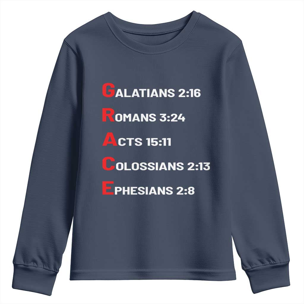 GRACE Christian Scripture Acronym Youth Sweatshirt Bible Verses Galatians Romans Acts Colossians Ephesians Faith Message Gift TS02 Navy Print Your Wear