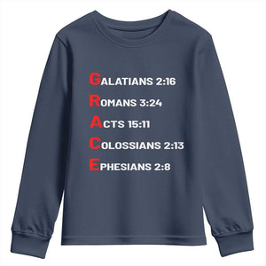 GRACE Christian Scripture Acronym Youth Sweatshirt Bible Verses Galatians Romans Acts Colossians Ephesians Faith Message Gift TS02 Navy Print Your Wear