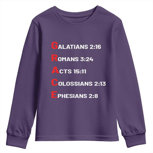 GRACE Christian Scripture Acronym Youth Sweatshirt Bible Verses Galatians Romans Acts Colossians Ephesians Faith Message Gift TS02 Purple Print Your Wear