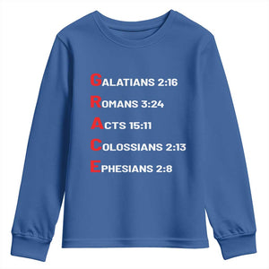GRACE Christian Scripture Acronym Youth Sweatshirt Bible Verses Galatians Romans Acts Colossians Ephesians Faith Message Gift TS02 Royal Blue Print Your Wear