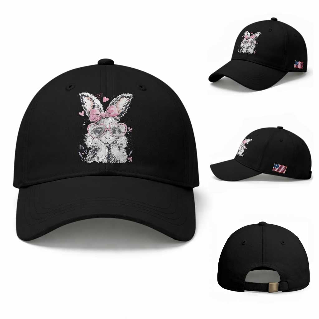 Cute Easter Bunny with Heart Glasses Pink Bow Baseball Cap Adorable Rabbit Love Aesthetic Gift TS02 Baseball Cap Universal Fit Black Print Your Wear