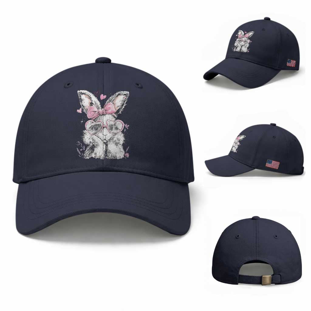Cute Easter Bunny with Heart Glasses Pink Bow Baseball Cap Adorable Rabbit Love Aesthetic Gift TS02 Baseball Cap Universal Fit Navy Print Your Wear