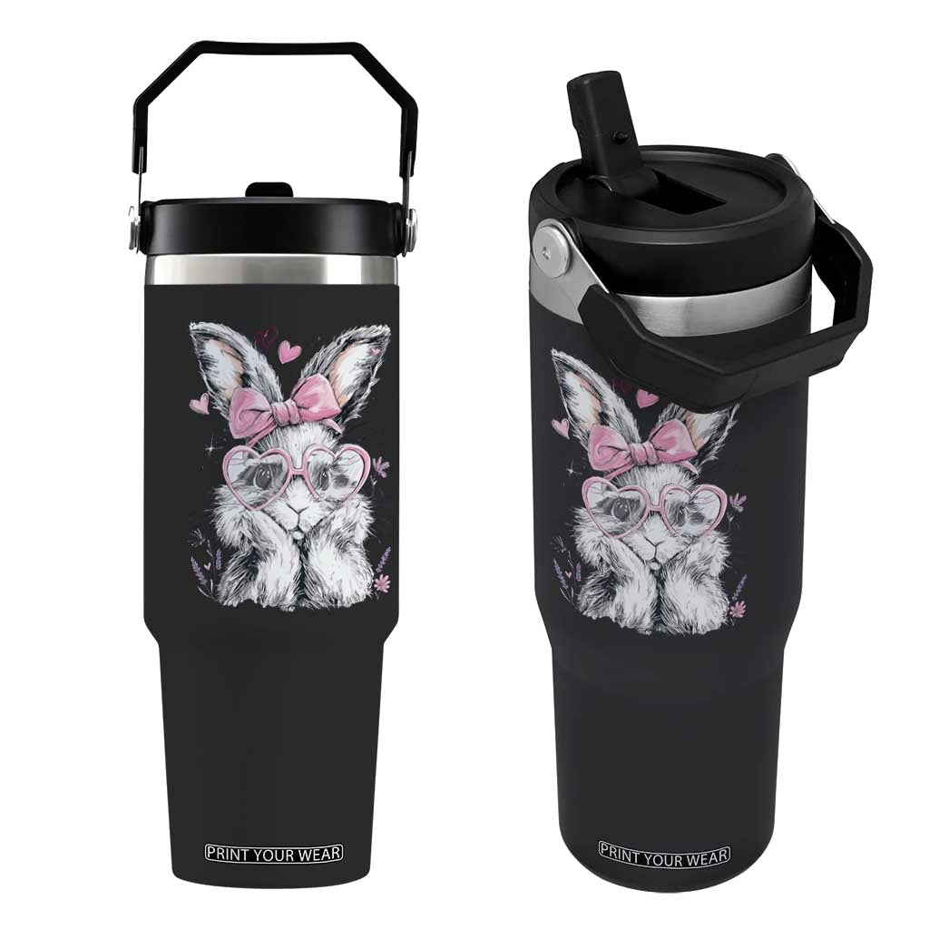 Cute Easter Bunny with Heart Glasses Pink Bow Flip Straw Tumbler Adorable Rabbit Love Aesthetic Gift TS02 One Size: 30 oz Black Print Your Wear