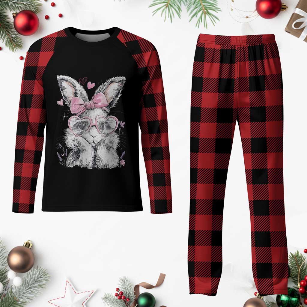 Cute Easter Bunny with Heart Glasses Pink Bow Plaid Pajama Set Adorable Rabbit Love Aesthetic Gift TS02 Buffalo Plaid Print Your Wear
