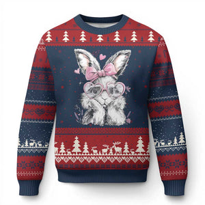 Cute Easter Bunny with Heart Glasses Pink Bow Ugly Christmas Sweater Adorable Rabbit Love Aesthetic Gift TS02 Navy Red Print Your Wear