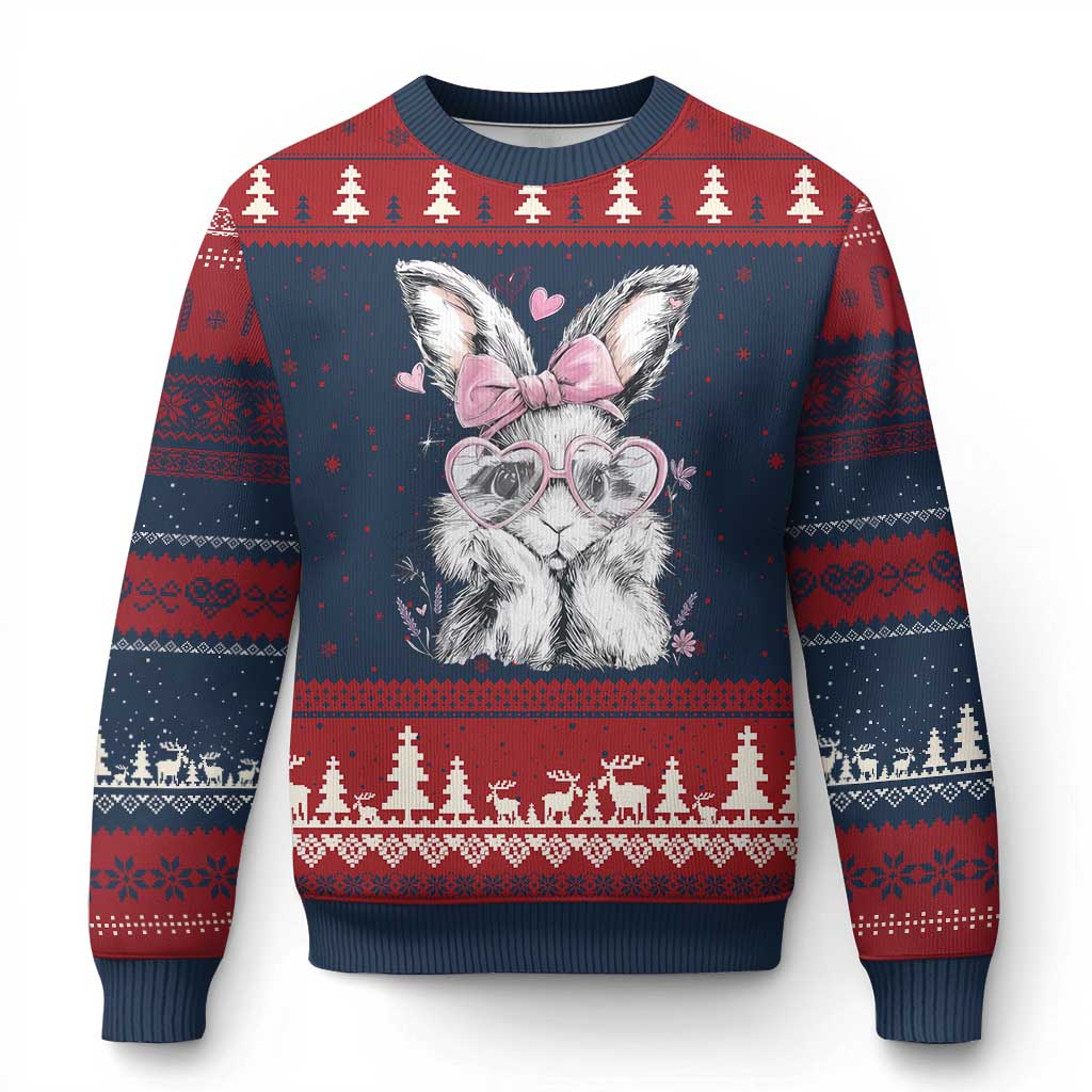 Cute Easter Bunny with Heart Glasses Pink Bow Ugly Christmas Sweater Adorable Rabbit Love Aesthetic Gift TS02 Navy Red Print Your Wear