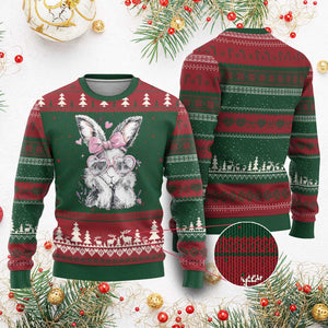 Cute Easter Bunny with Heart Glasses Pink Bow Ugly Christmas Sweater Adorable Rabbit Love Aesthetic Gift TS02 Red Green Print Your Wear