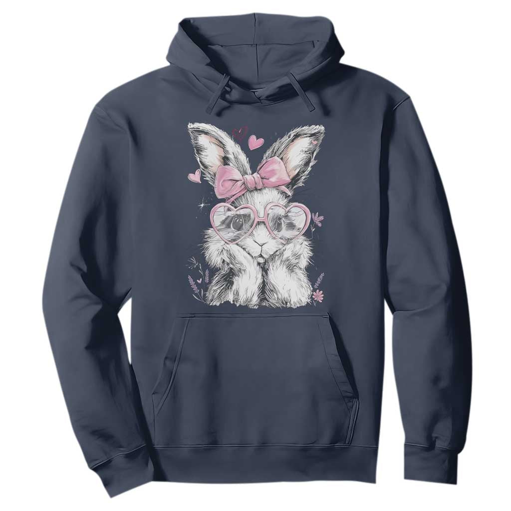Cute Easter Bunny with Heart Glasses Pink Bow Hoodie Adorable Rabbit Love Aesthetic Gift TS02 Navy Print Your Wear