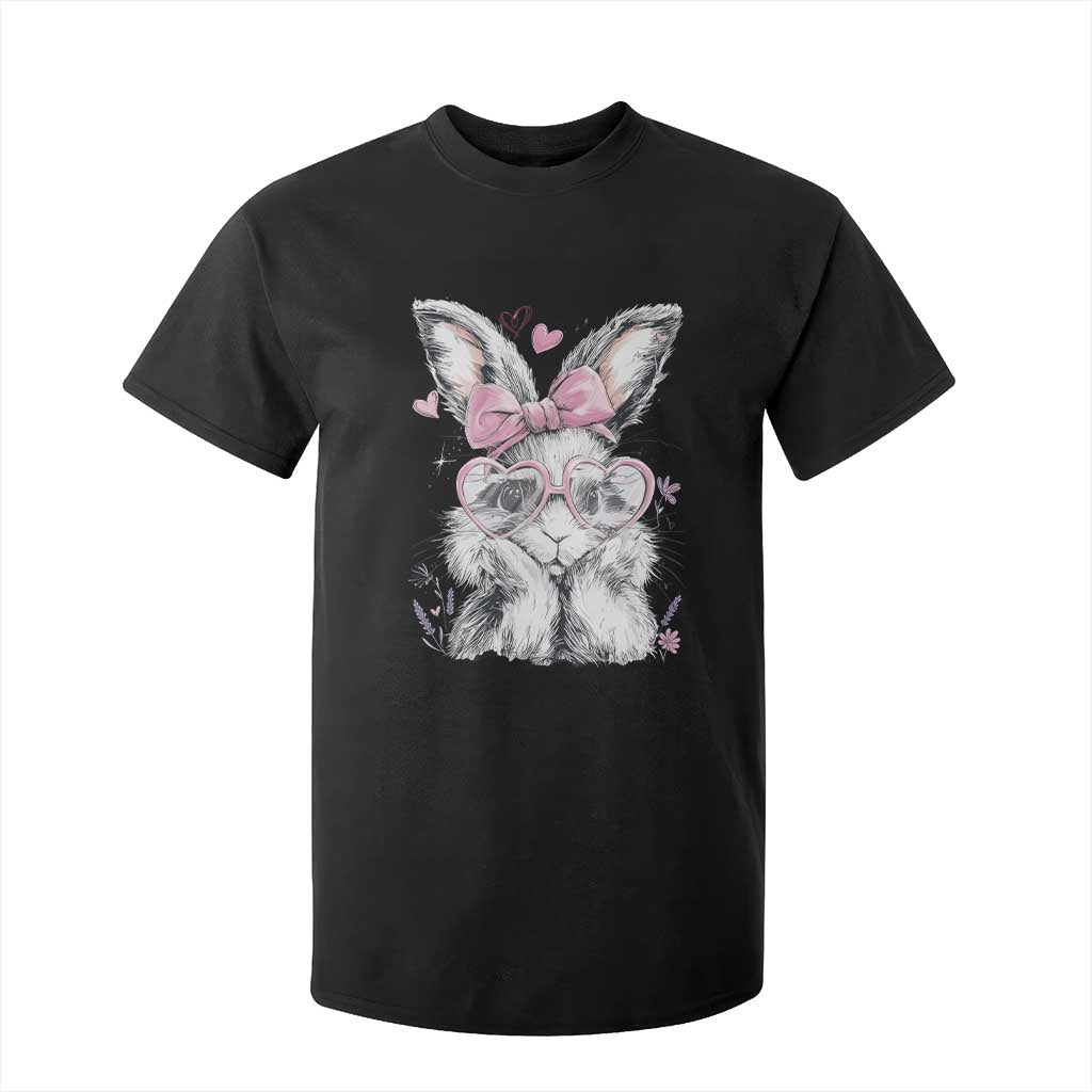 Cute Easter Bunny with Heart Glasses Pink Bow T Shirt For Kid Adorable Rabbit Love Aesthetic Gift TS02 Black Print Your Wear