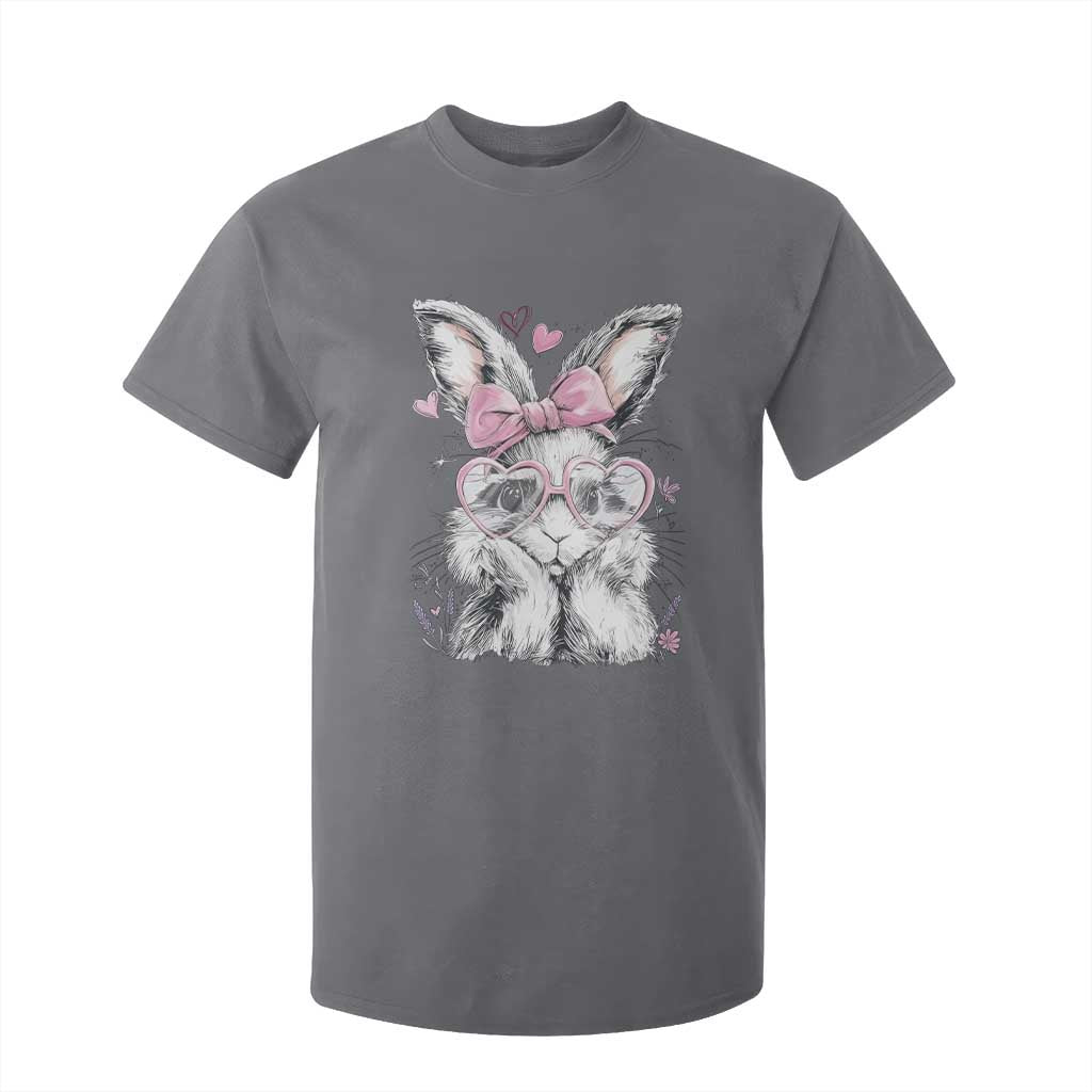 Cute Easter Bunny with Heart Glasses Pink Bow T Shirt For Kid Adorable Rabbit Love Aesthetic Gift TS02 Charcoal Print Your Wear