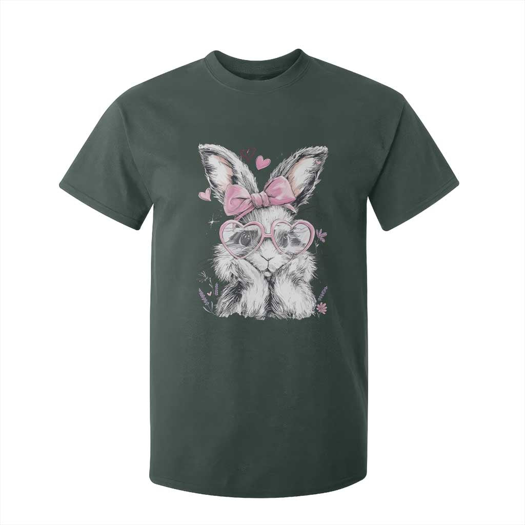 Cute Easter Bunny with Heart Glasses Pink Bow T Shirt For Kid Adorable Rabbit Love Aesthetic Gift TS02 Dark Forest Green Print Your Wear