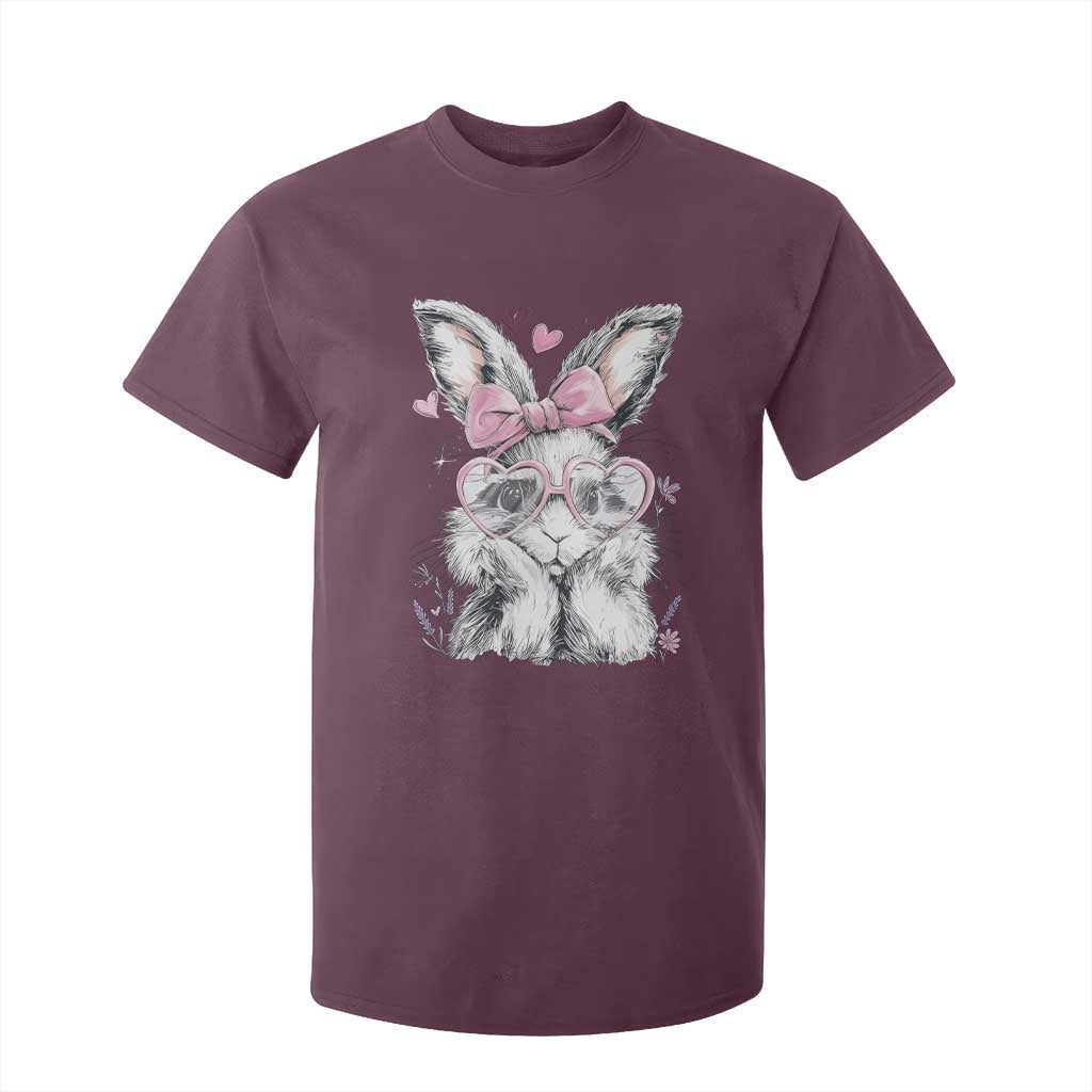 Cute Easter Bunny with Heart Glasses Pink Bow T Shirt For Kid Adorable Rabbit Love Aesthetic Gift TS02 Maroon Print Your Wear