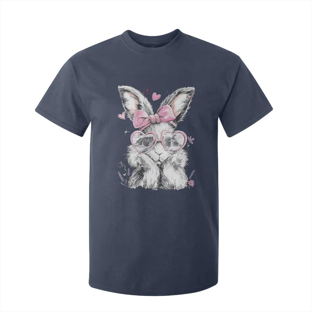 Cute Easter Bunny with Heart Glasses Pink Bow T Shirt For Kid Adorable Rabbit Love Aesthetic Gift TS02 Navy Print Your Wear