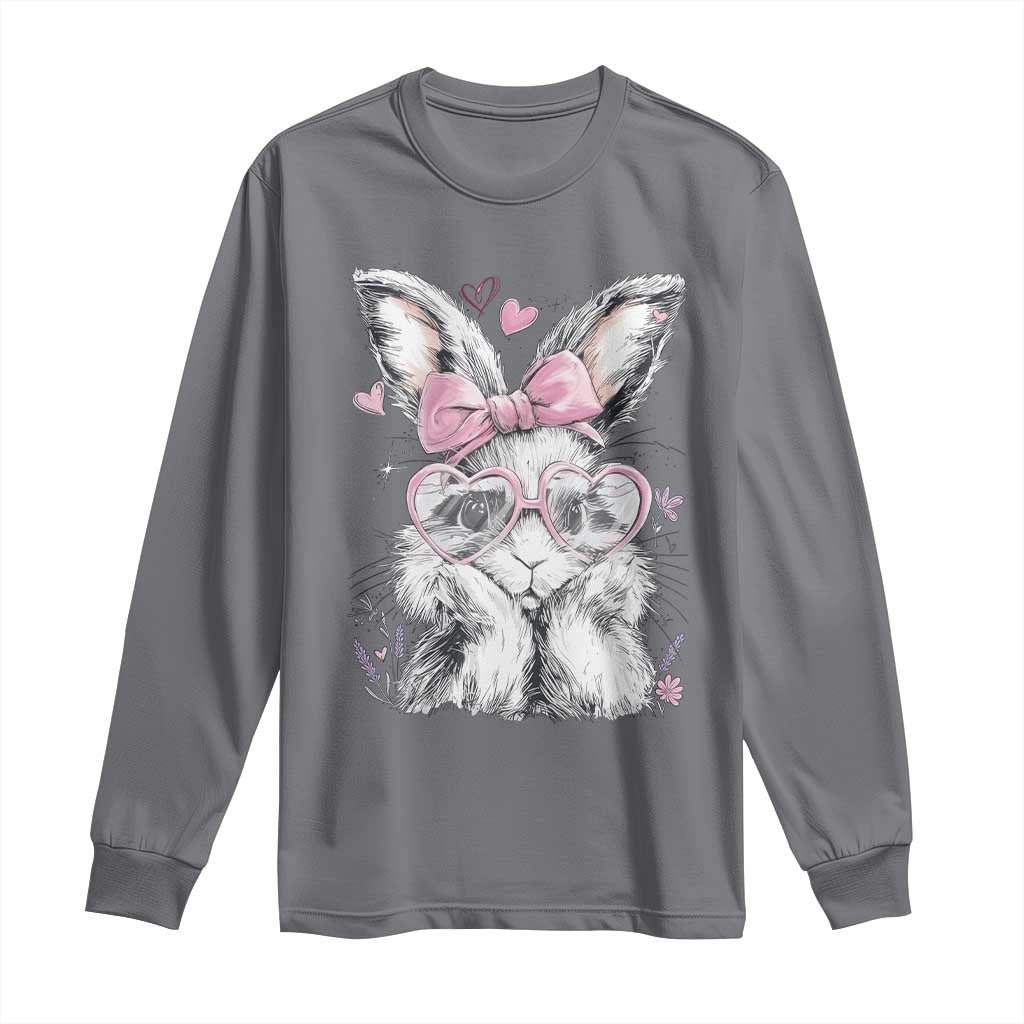 Cute Easter Bunny with Heart Glasses Pink Bow Long Sleeve Shirt Adorable Rabbit Love Aesthetic Gift TS02 Charcoal Print Your Wear