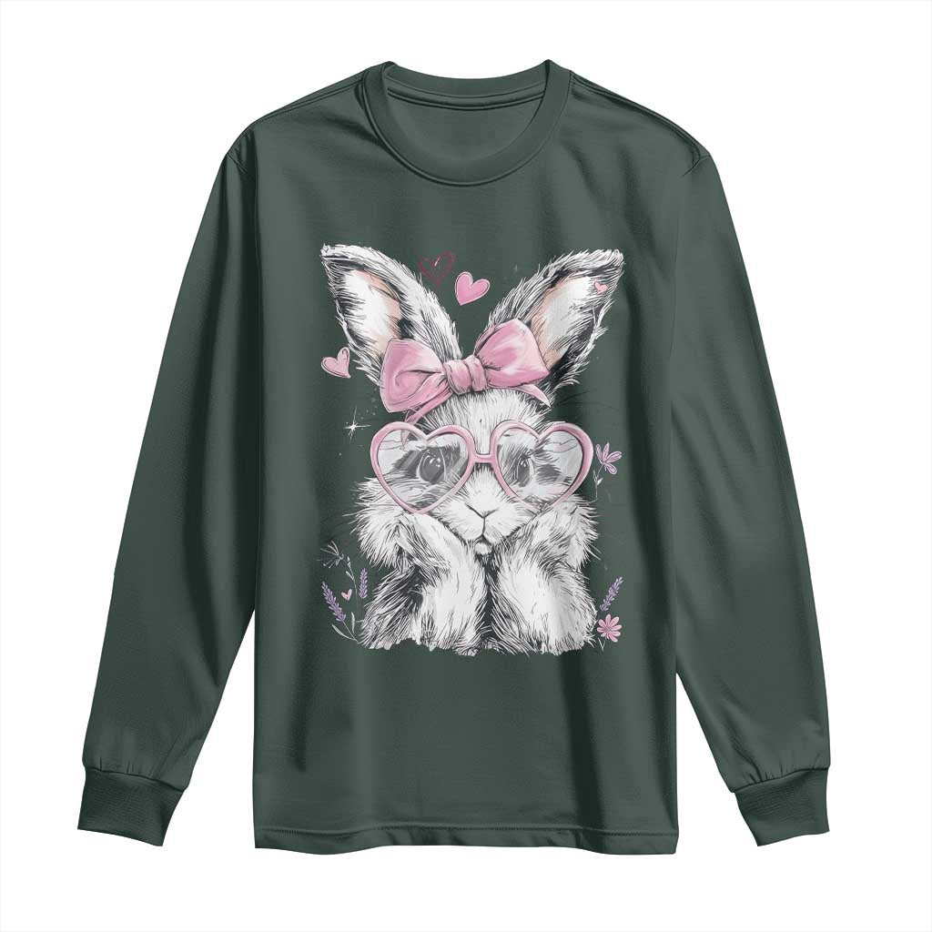 Cute Easter Bunny with Heart Glasses Pink Bow Long Sleeve Shirt Adorable Rabbit Love Aesthetic Gift TS02 Dark Forest Green Print Your Wear