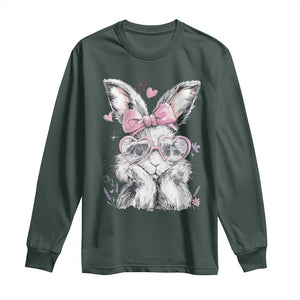 Cute Easter Bunny with Heart Glasses Pink Bow Long Sleeve Shirt Adorable Rabbit Love Aesthetic Gift TS02 Dark Forest Green Print Your Wear