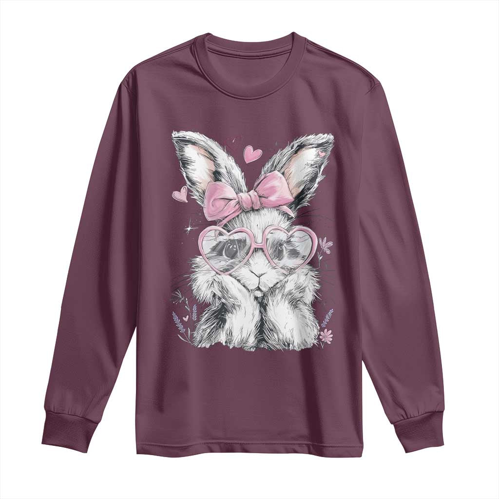 Cute Easter Bunny with Heart Glasses Pink Bow Long Sleeve Shirt Adorable Rabbit Love Aesthetic Gift TS02 Maroon Print Your Wear