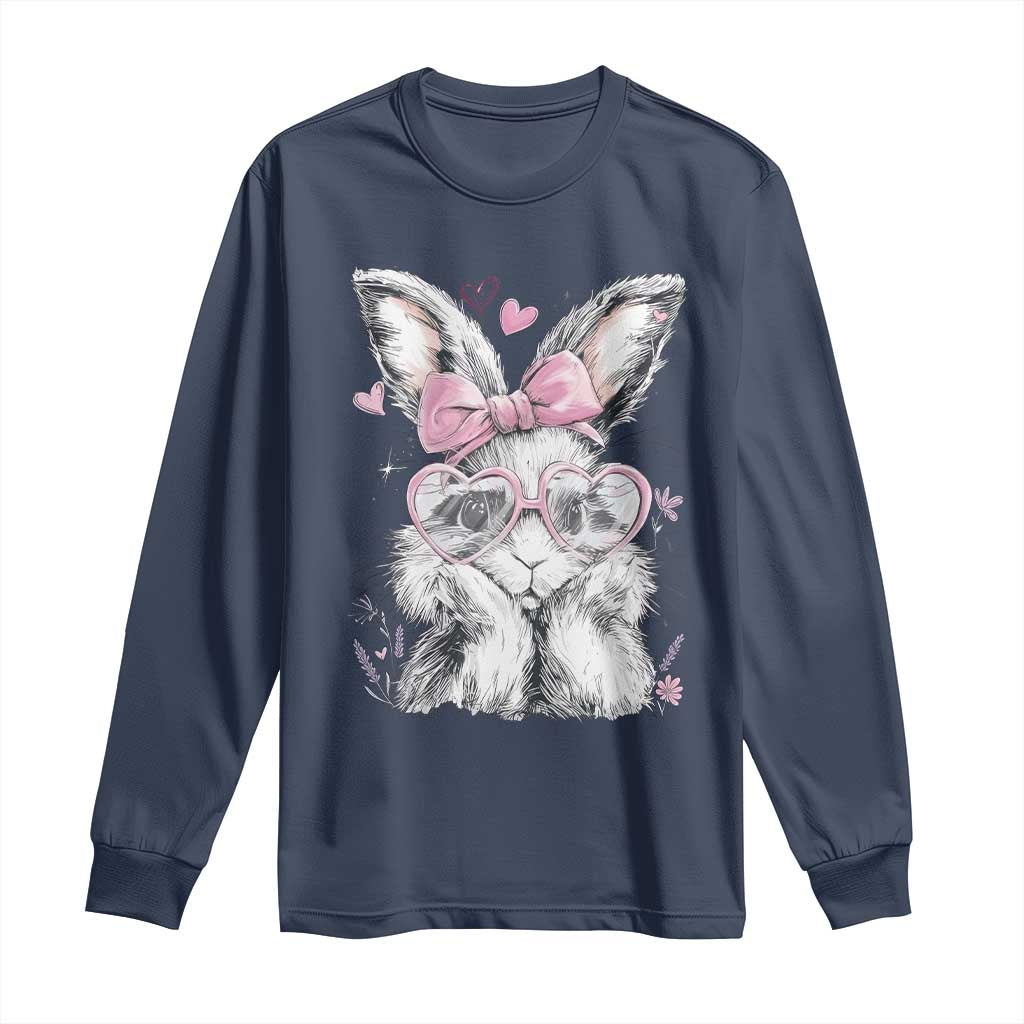 Cute Easter Bunny with Heart Glasses Pink Bow Long Sleeve Shirt Adorable Rabbit Love Aesthetic Gift TS02 Navy Print Your Wear