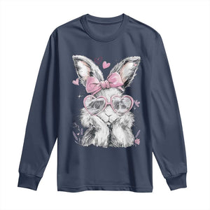 Cute Easter Bunny with Heart Glasses Pink Bow Long Sleeve Shirt Adorable Rabbit Love Aesthetic Gift TS02 Navy Print Your Wear