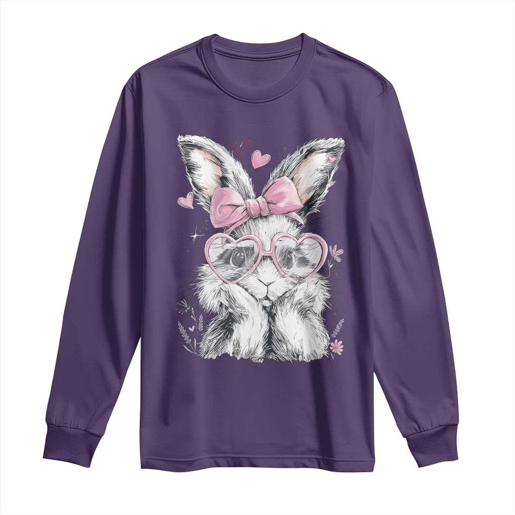 Cute Easter Bunny with Heart Glasses Pink Bow Long Sleeve Shirt Adorable Rabbit Love Aesthetic Gift TS02 Purple Print Your Wear