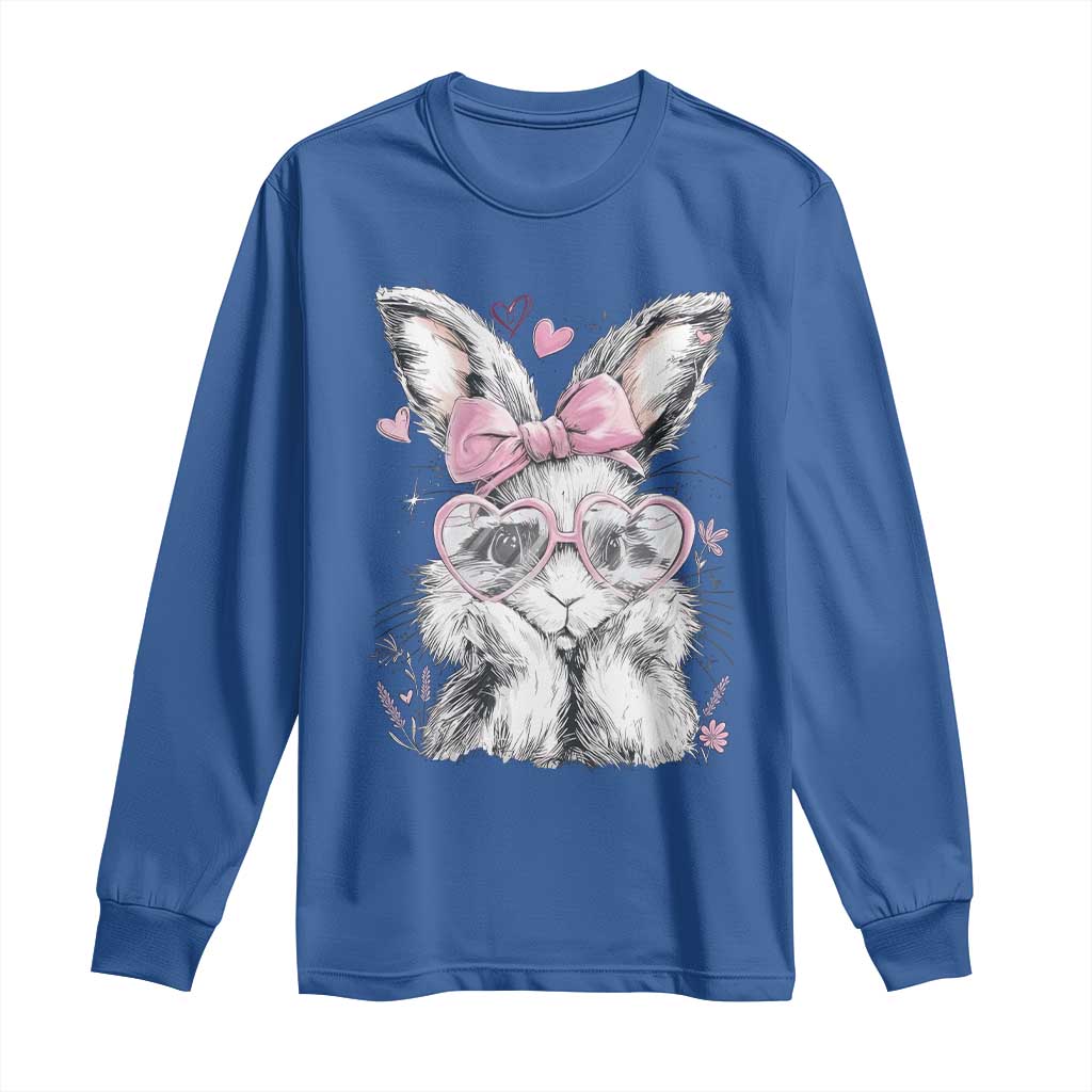 Cute Easter Bunny with Heart Glasses Pink Bow Long Sleeve Shirt Adorable Rabbit Love Aesthetic Gift TS02 Royal Blue Print Your Wear