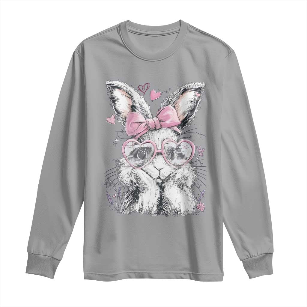 Cute Easter Bunny with Heart Glasses Pink Bow Long Sleeve Shirt Adorable Rabbit Love Aesthetic Gift TS02 Sport Gray Print Your Wear