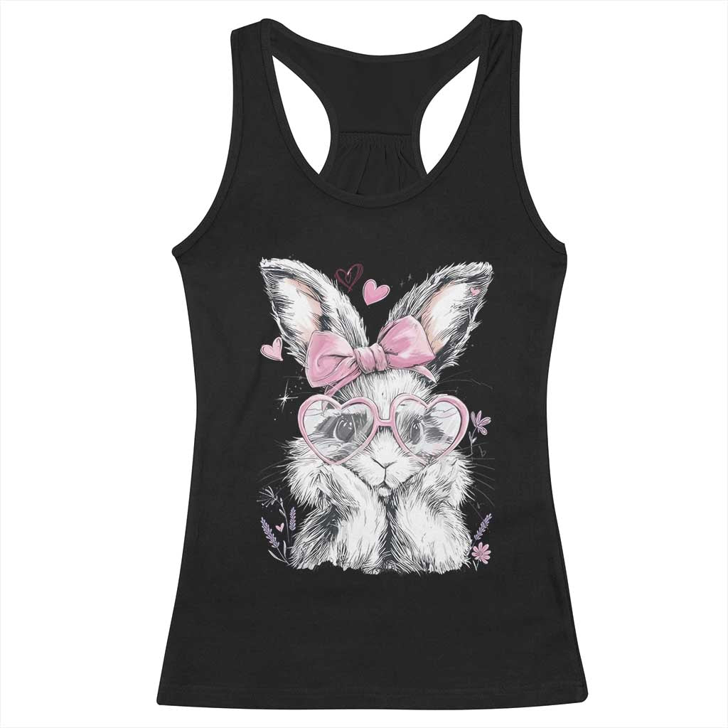 Cute Easter Bunny with Heart Glasses Pink Bow Racerback Tank Top Adorable Rabbit Love Aesthetic Gift TS02 Black Print Your Wear