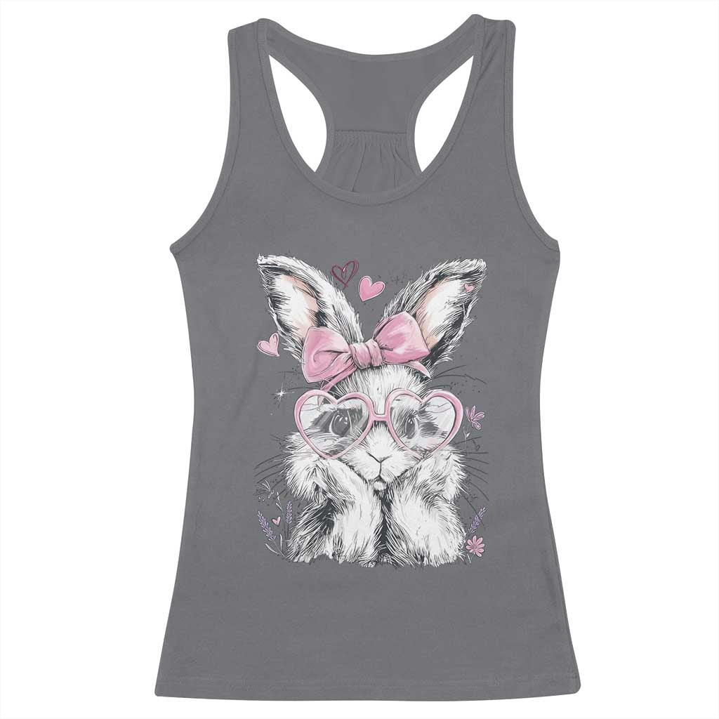 Cute Easter Bunny with Heart Glasses Pink Bow Racerback Tank Top Adorable Rabbit Love Aesthetic Gift TS02 Charcoal Print Your Wear
