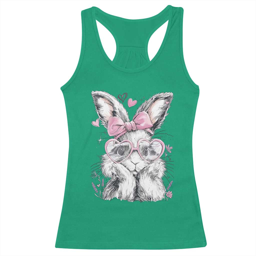 Cute Easter Bunny with Heart Glasses Pink Bow Racerback Tank Top Adorable Rabbit Love Aesthetic Gift TS02 Irish Green Print Your Wear