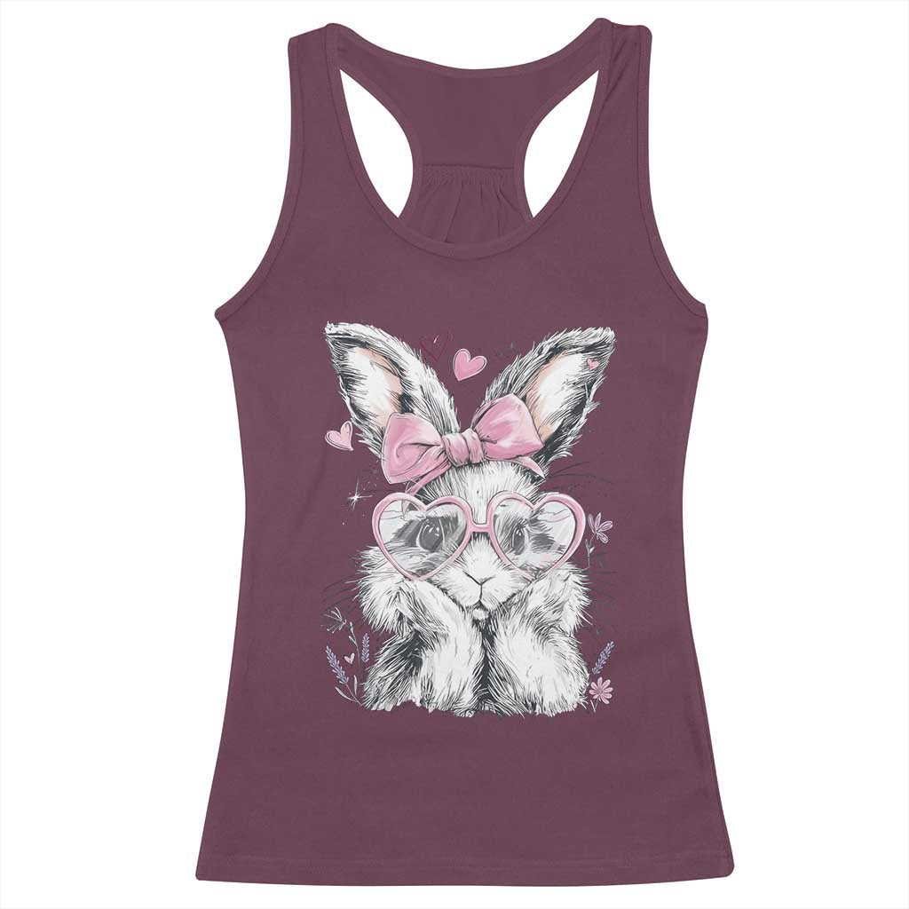 Cute Easter Bunny with Heart Glasses Pink Bow Racerback Tank Top Adorable Rabbit Love Aesthetic Gift TS02 Maroon Print Your Wear