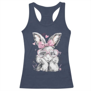 Cute Easter Bunny with Heart Glasses Pink Bow Racerback Tank Top Adorable Rabbit Love Aesthetic Gift TS02 Navy Print Your Wear