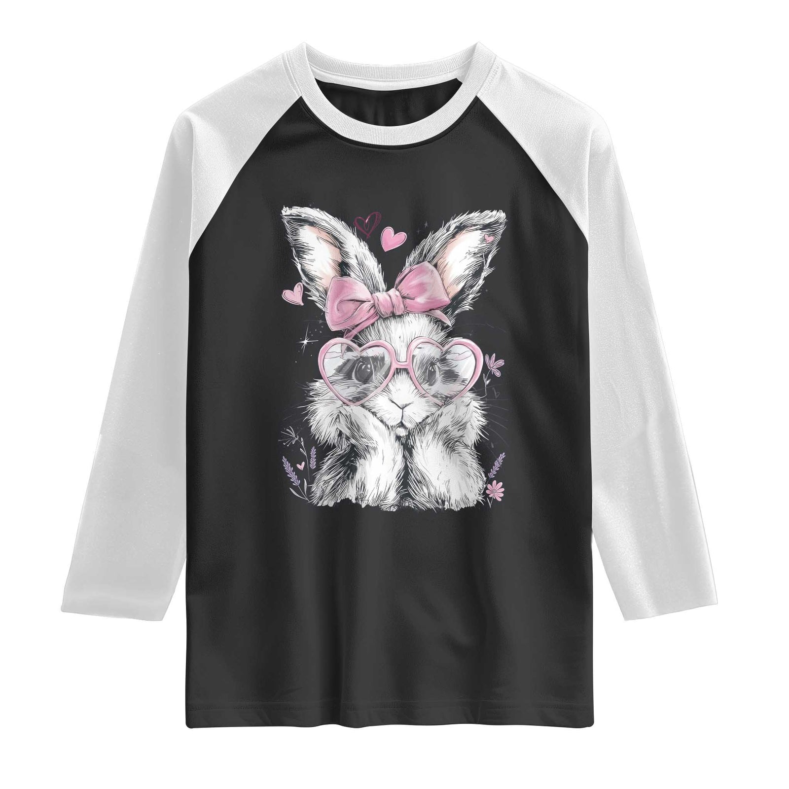 Cute Easter Bunny with Heart Glasses Pink Bow Raglan Shirt Adorable Rabbit Love Aesthetic Gift TS02 Black White Print Your Wear
