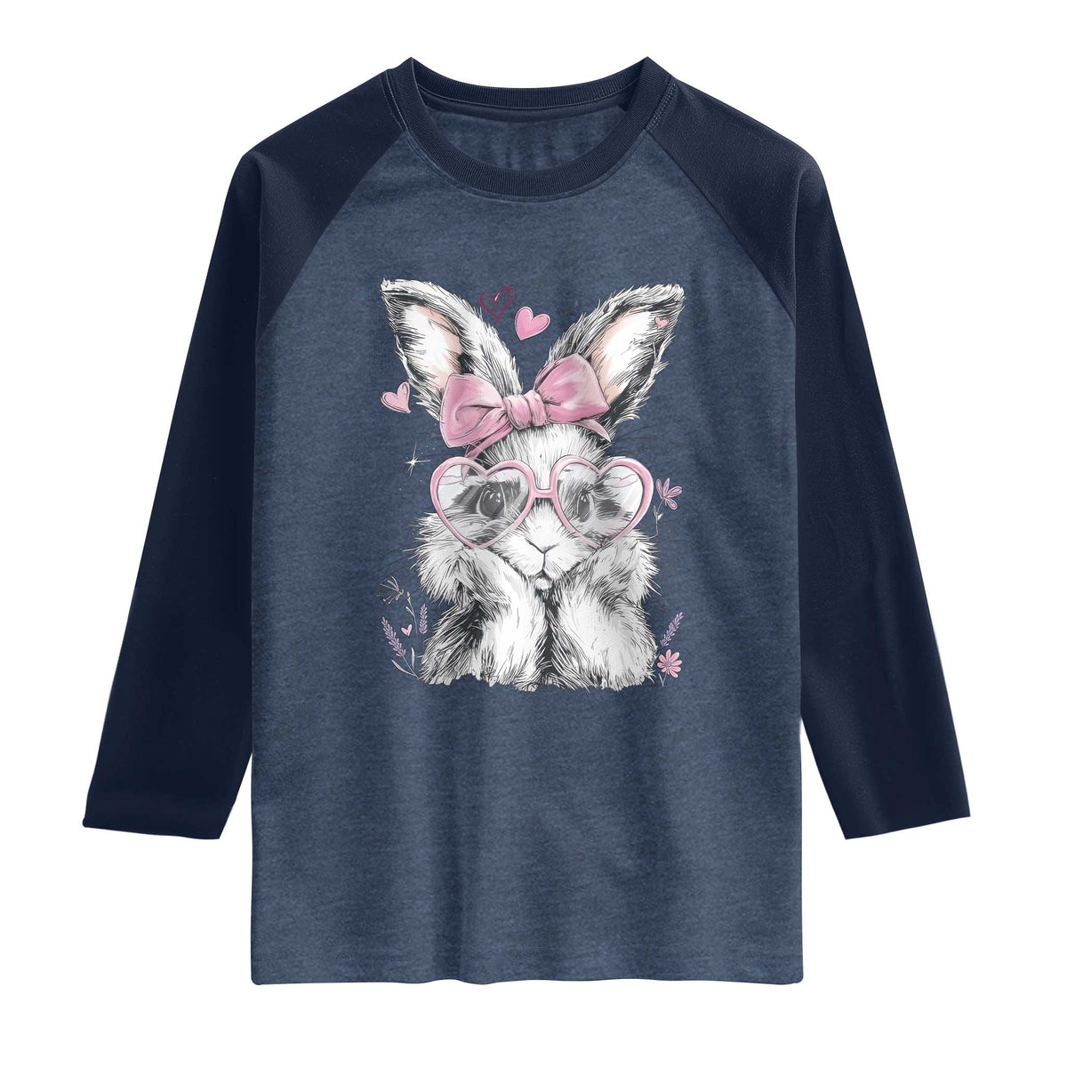 Cute Easter Bunny with Heart Glasses Pink Bow Raglan Shirt Adorable Rabbit Love Aesthetic Gift TS02 Heather Denim Navy Print Your Wear