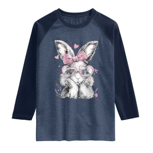 Cute Easter Bunny with Heart Glasses Pink Bow Raglan Shirt Adorable Rabbit Love Aesthetic Gift TS02 Heather Denim Navy Print Your Wear