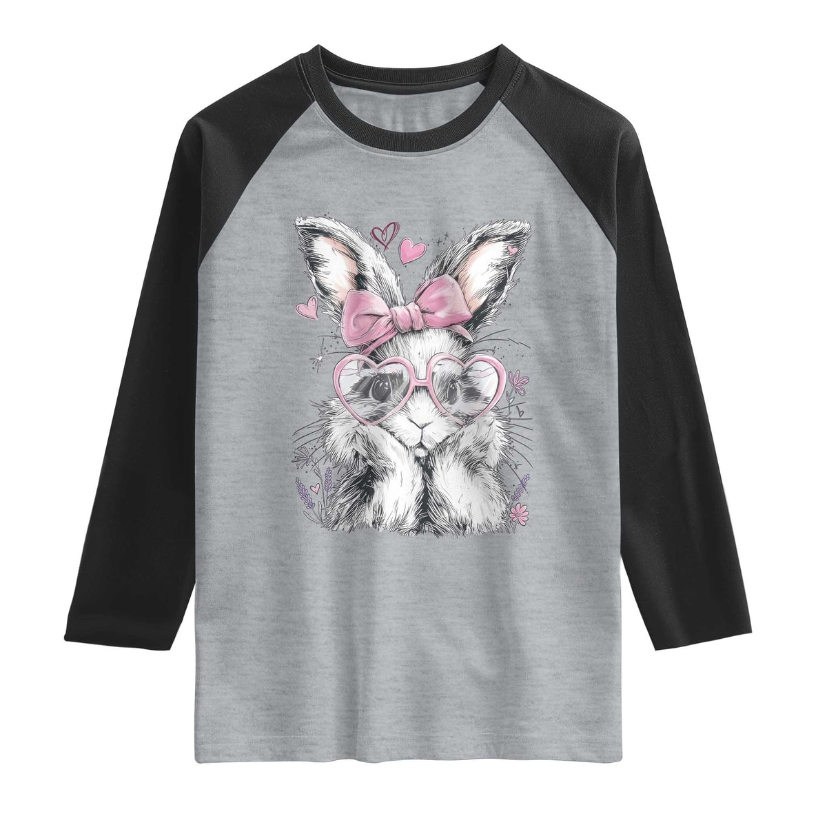 Cute Easter Bunny with Heart Glasses Pink Bow Raglan Shirt Adorable Rabbit Love Aesthetic Gift TS02 Heather Gray Black Print Your Wear