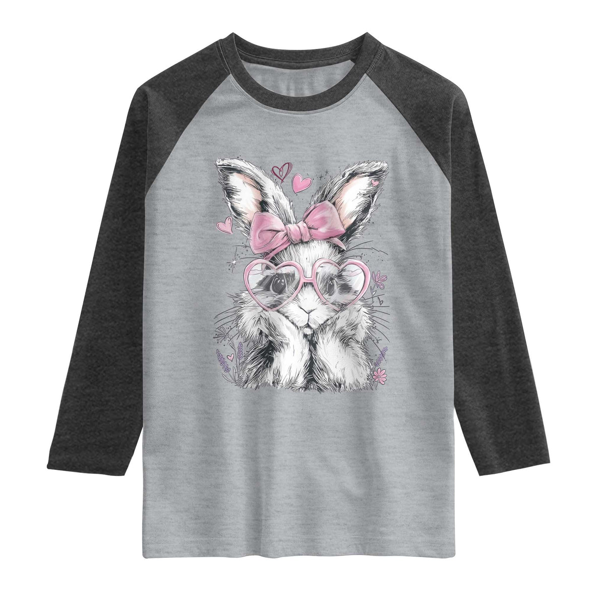 Cute Easter Bunny with Heart Glasses Pink Bow Raglan Shirt Adorable Rabbit Love Aesthetic Gift TS02 Heather Gray Heather Charcoal Print Your Wear