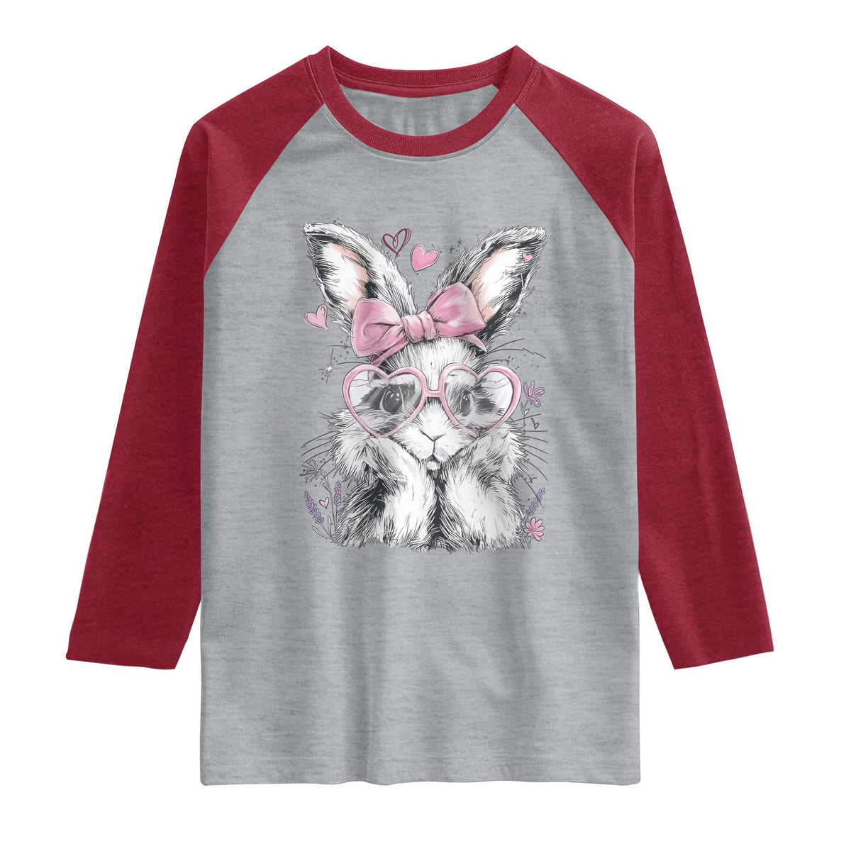 Cute Easter Bunny with Heart Glasses Pink Bow Raglan Shirt Adorable Rabbit Love Aesthetic Gift TS02 Heather Gray Heather Red Print Your Wear